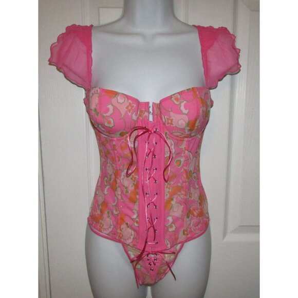 Pink Floral Zip and Lace Up Front Corset Set - NEW - Picture 1 of 10